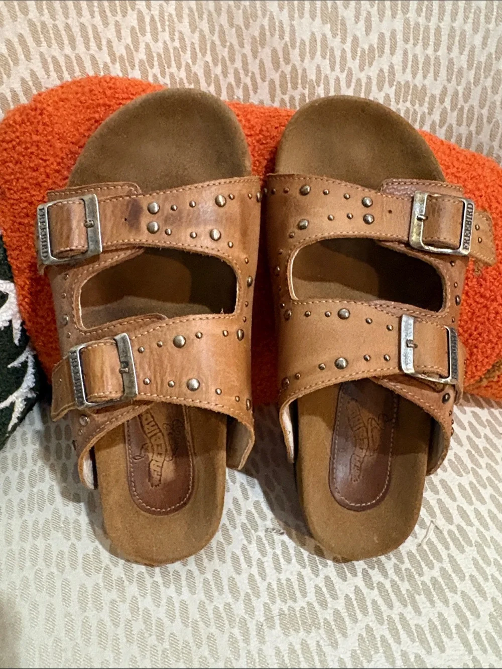 freebird Tan Studded Double-Buckle Slide Sandals